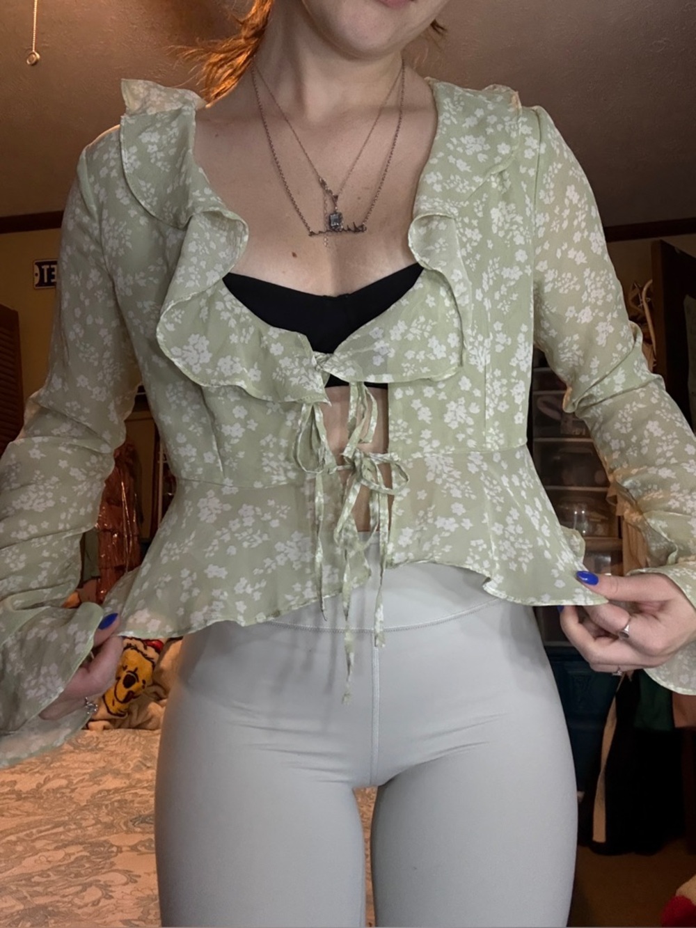 NWOT Green Floral Ruffle Tie-Front Blouse